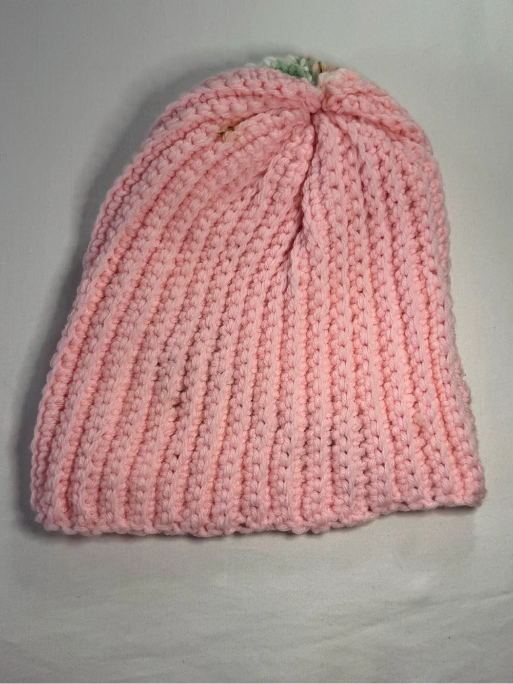 Handmade Lot of 2 Crocheted Pastel Beanie Hats Pink Green Yellow White